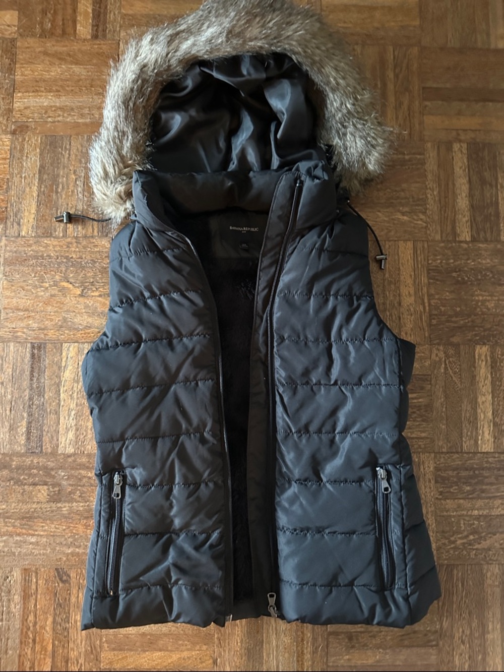 Banana Republic Black Quilted Puffer Vest with Faux Fur Trim